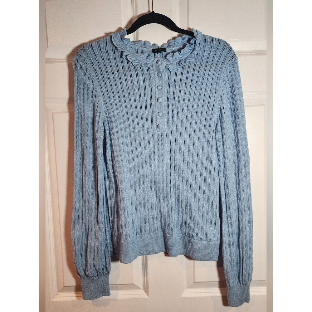 Talbots Light Blue Ruffled Rib Knit Button Pullover Sweater Cotton Nylon S